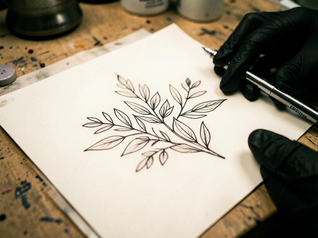 Fine-line botanical tattoo design drawn on artist paper